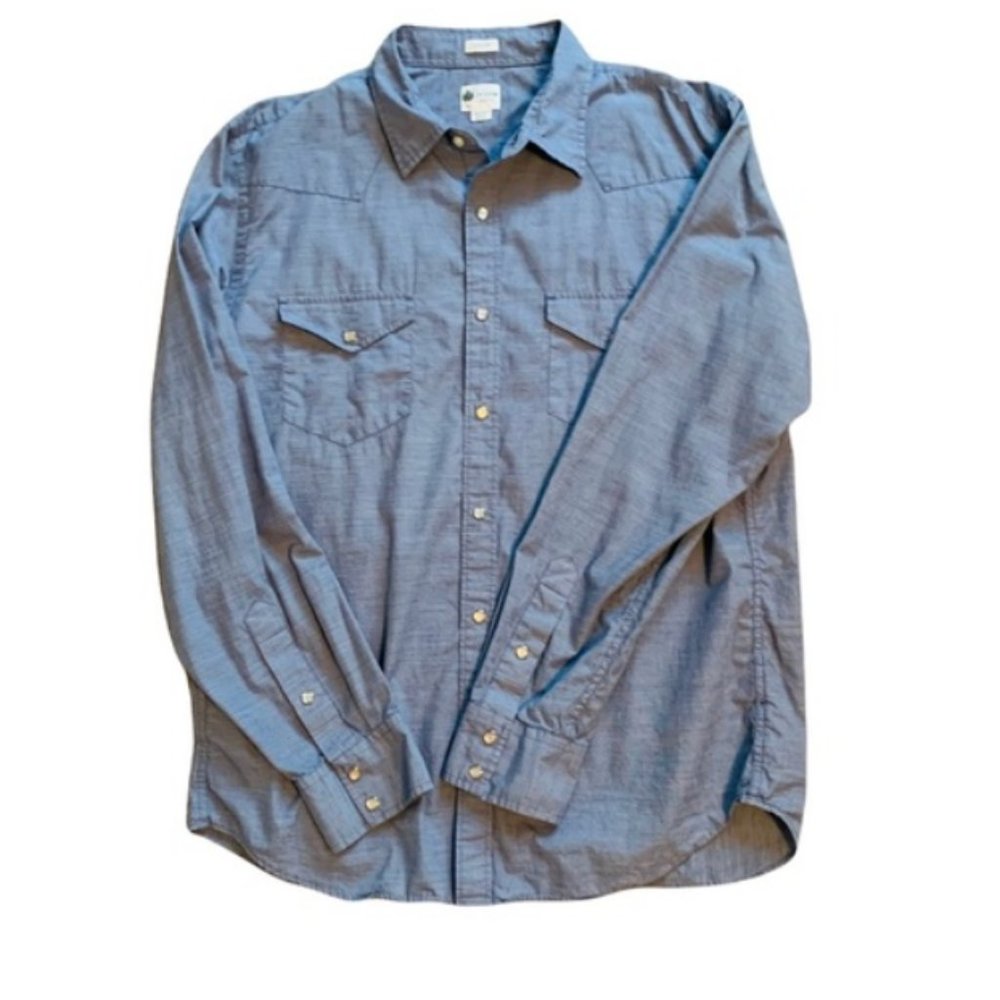J Crew Tailored Fit Blue Chambray Button Snap Down Shirt | Size L
